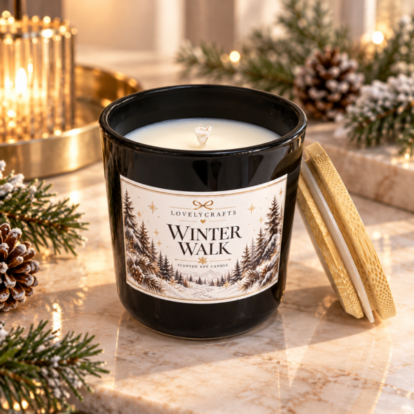 Winter Walk χειροποίητο κερί σόγιας Lovelycrafts σε μαύρο γυάλινο δοχείο
