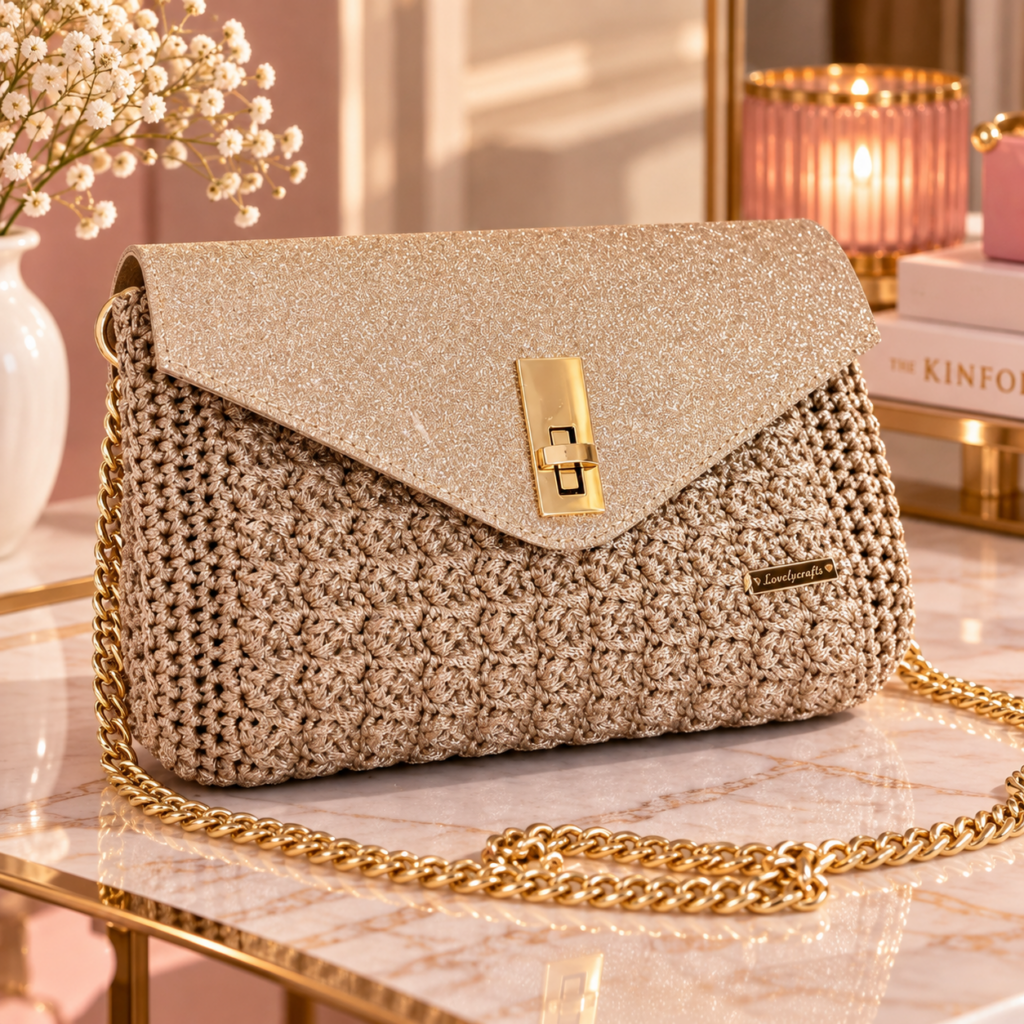 Champagne crochet bag – σαμπανιζέ πλεκτή τσάντα με glitter καπάκι και χρυσή αλυσίδα